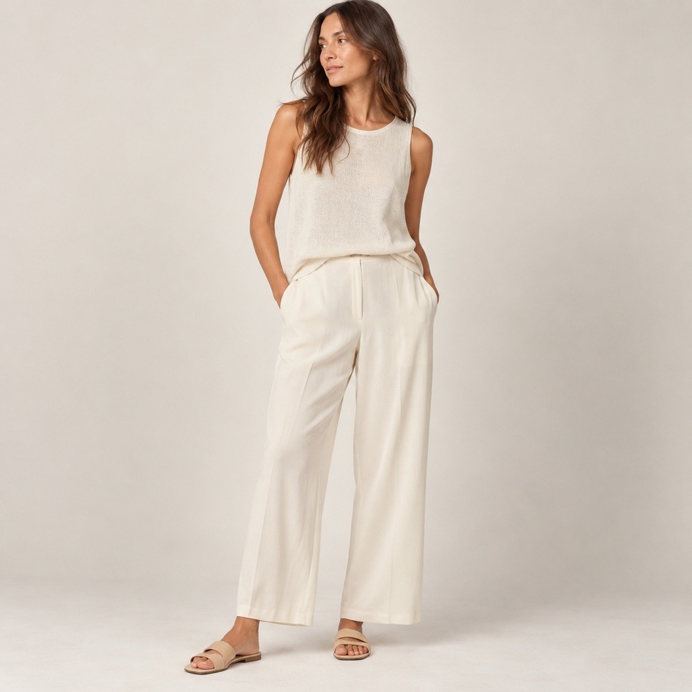 Eileen Fisher Silk Trousers Women S Cream Straight High Rise 45GS Quiet Luxury